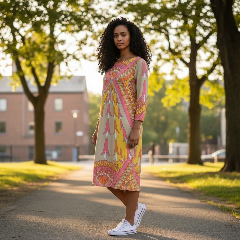 Maggy London Sheath Dress Size 8 Long Sleeve Pink Orange Yellow Retro Mod Print